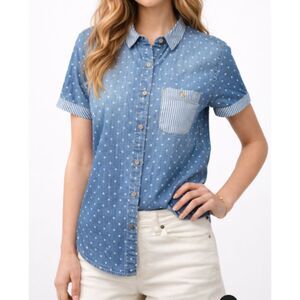 BDG Womens Small Chambray Polka Dot Button Down Shirt Blue Short Sleeve Casual
